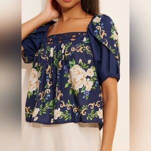 Jan - Farm Rio Navy Floral Puff Sleeve Cutout Blouse Top Small